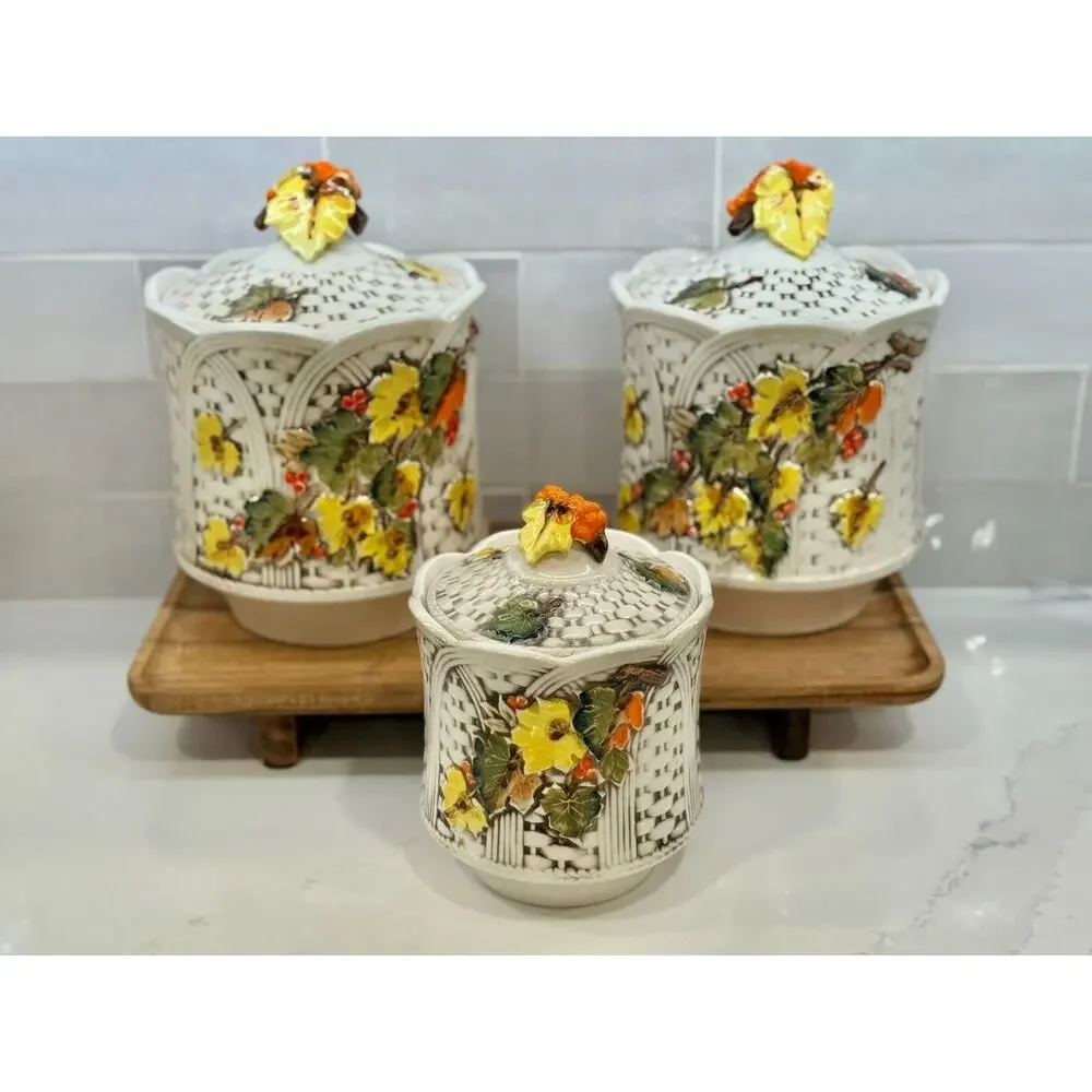 MCM Lefton Basketweave Autumn Leaves Canister Cookie Jar Set Japan 1960s Fall
